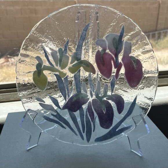 Vtg Sydenstricker Fused Art Glass Iris Floral Ruffled Edge 8" Trinket Bowl Plate - Picture 2 of 11